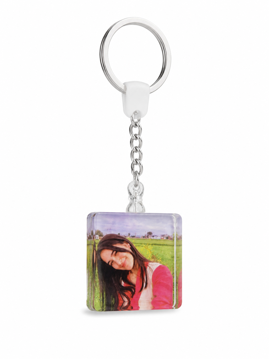 Acrylic Keychain with a photo of a woman on a white background made by Kustomade, India