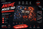 Customizable anime-themed gaming mouse pad shown on a black promotional background with feature icons, sample artwork, and text including 'Personalised Anime Mouse Pad' and 'Tejas'.