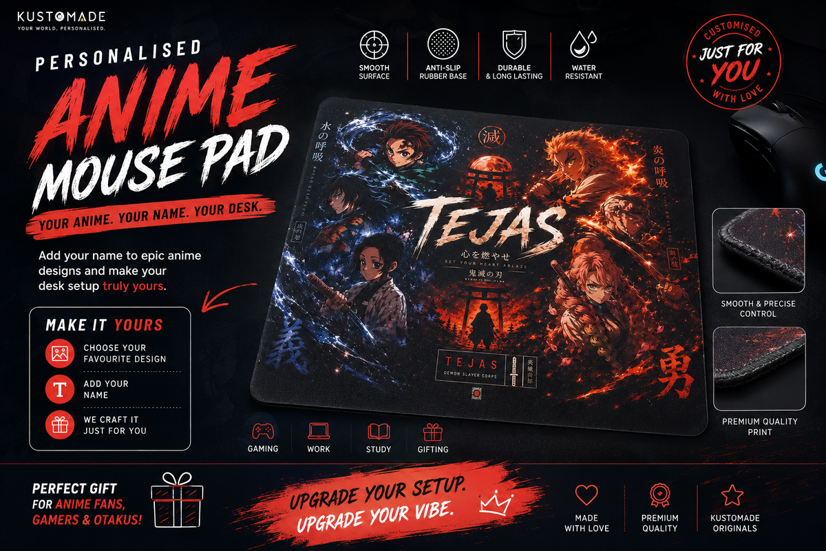 Customizable anime-themed gaming mouse pad shown on a black promotional background with feature icons, sample artwork, and text including 'Personalised Anime Mouse Pad' and 'Tejas'.