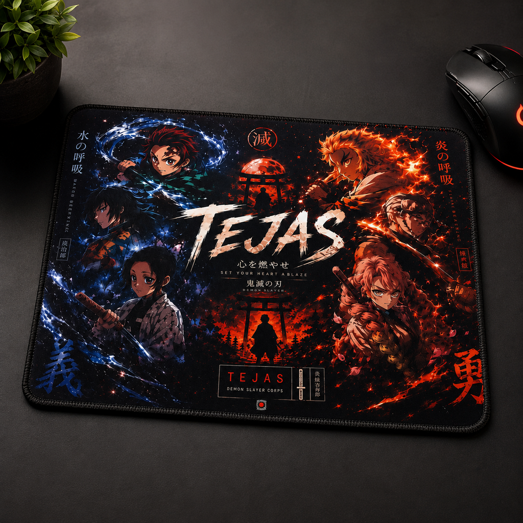 A rectangular gaming mousepad with a detailed anime print featuring characters from Demon Slayer, displayed on a dark desk next to a computer mouse and a small potted plant. The mousepad has a black border and the word 'TEJAS' printed prominently in the center.