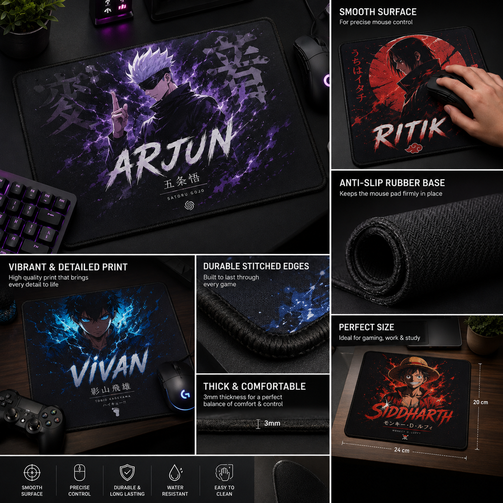 A collage showing four customizable gaming mouse pads with different anime character designs: Arjun, Ritik, Vivian, and Siddharth. The mouse pads are displayed on desks alongside keyboards, mice, and gaming accessories, with text overlays highlighting features such as a smooth surface, anti-slip rubber base, vibrant print, stitched edges, and perfect size.