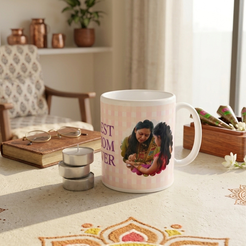 Mug with a photo of a woman and child and text 'Best Mom Ever' on a table with a cozy background.