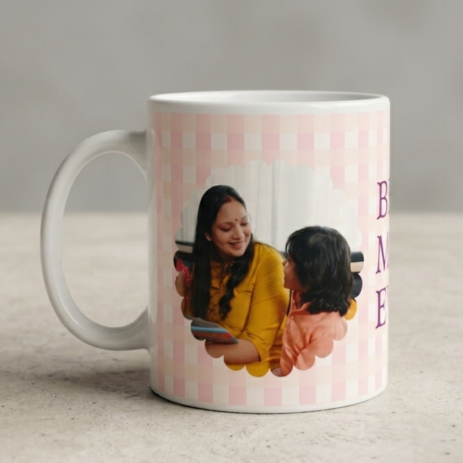 White mug with a printed design of two people on a pink checkered background
