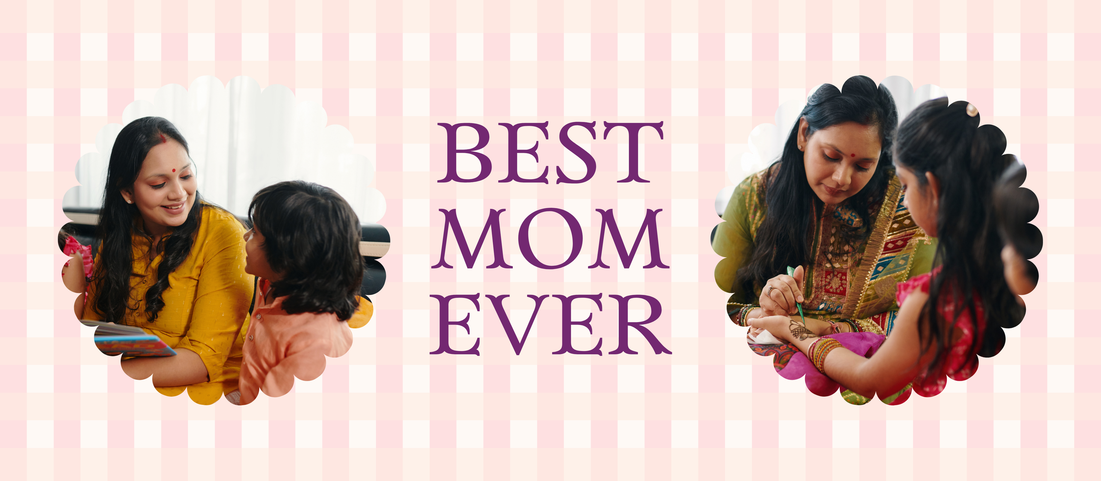 Two women with a child on a pink striped background with 'BEST MOM EVER' text.