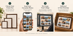 A four-step collage showing a personalized photo frame service: choose frame size, send photos, create collage, and deliver framed photos. The top and bottom panels show wooden picture frames and a hand holding a phone with photo thumbnails, on a light beige background.