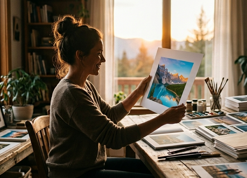 Woman holding a photo of a mountain landscape in a home office setting.