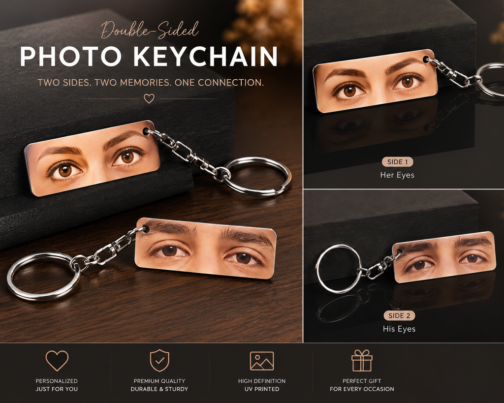 Double-sided photo keychain featuring a rectangular metal plate printed with a couple of eyes, shown on a dark background with text explaining the two sides and two memories. The collage includes close-up views of the printed eyes labeled Side 1 and Side 2, along with product features at the bottom.