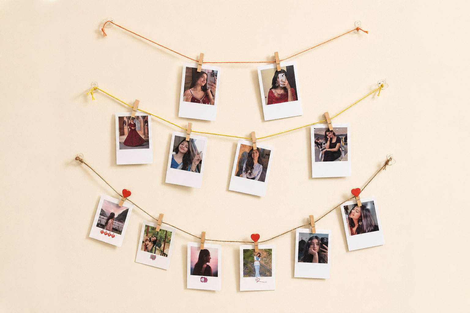 Three strings of cord hung on a beige wall, each strung with small wooden clothespins holding instant-style photo prints. No person is physically present in the scene; the people appear only within the printed photos, which are part of the decor product.