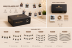 A promotional collage for a mini polaroid photo print set, showing a black branded box labeled 'Mini Polaroid Set' and 'What's Inside the Box?', along with sample printed photos clipped to strings, wooden clips, string, and small accessories. Text indicates available photo set sizes from 4 to 100.