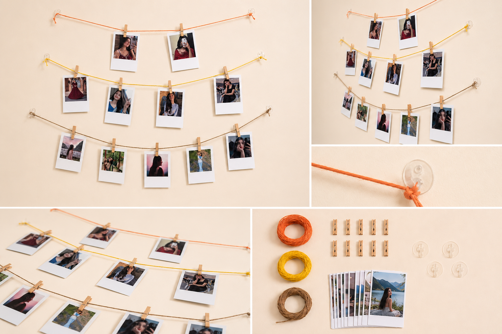 A collage showing a photo string wall kit arranged on a beige wall: multiple strands of orange cord with wooden clothespins holding Polaroid-style instant photos, a close-up of the cord and clear hanging loop, and a set of included accessories including orange and yellow thread spools, wooden clothespins, clear loops, and sample photos.
