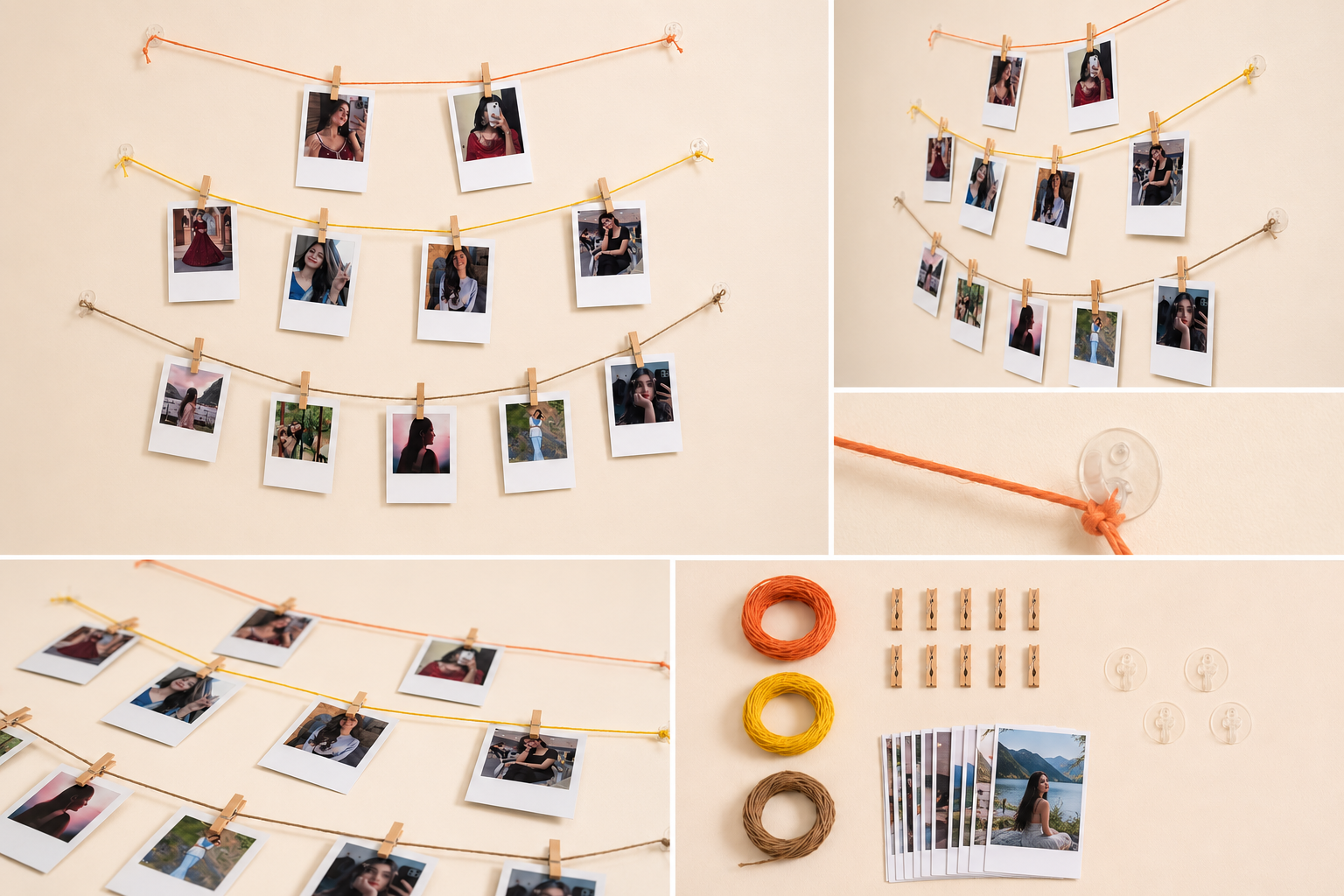 A collage showing a photo string wall kit arranged on a beige wall: multiple strands of orange cord with wooden clothespins holding Polaroid-style instant photos, a close-up of the cord and clear hanging loop, and a set of included accessories including orange and yellow thread spools, wooden clothespins, clear loops, and sample photos.