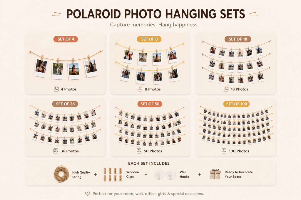 An infographic showing six different sizes of Polaroid photo hanging sets, ranging from 4 photos to 100 photos, with illustrations of the hanging strings, wooden clips, and wall hooks.