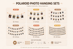 An infographic showing six different sizes of Polaroid photo hanging sets, ranging from 4 photos to 100 photos, with illustrations of the hanging strings, wooden clips, and wall hooks.