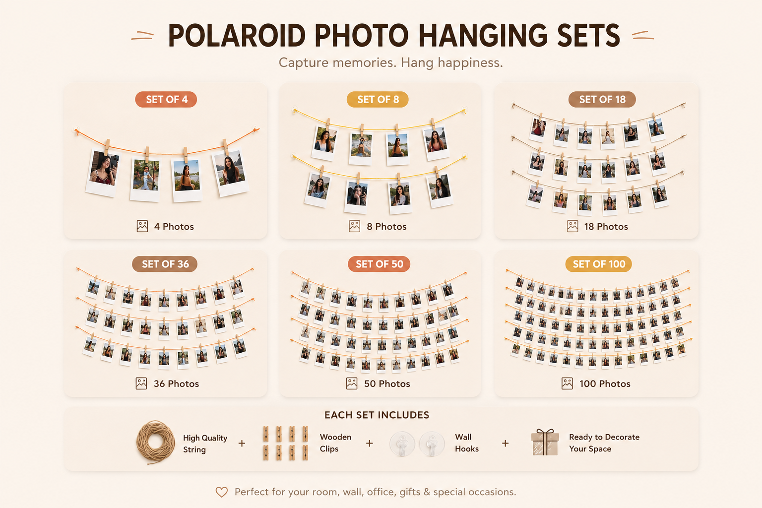 An infographic showing six different sizes of Polaroid photo hanging sets, ranging from 4 photos to 100 photos, with illustrations of the hanging strings, wooden clips, and wall hooks.