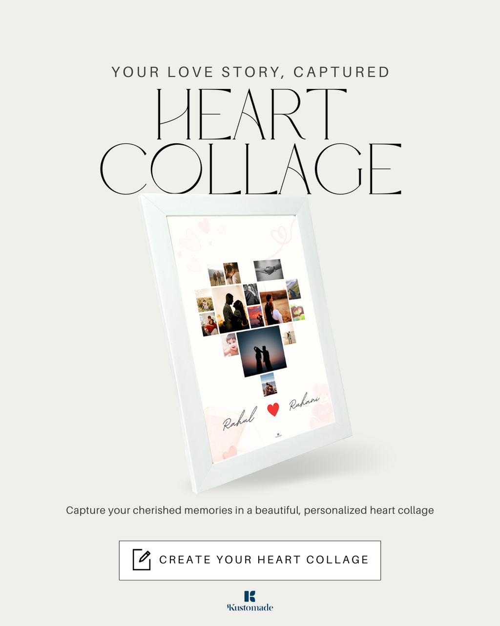 Heart collage product with framed photo collage on a white background