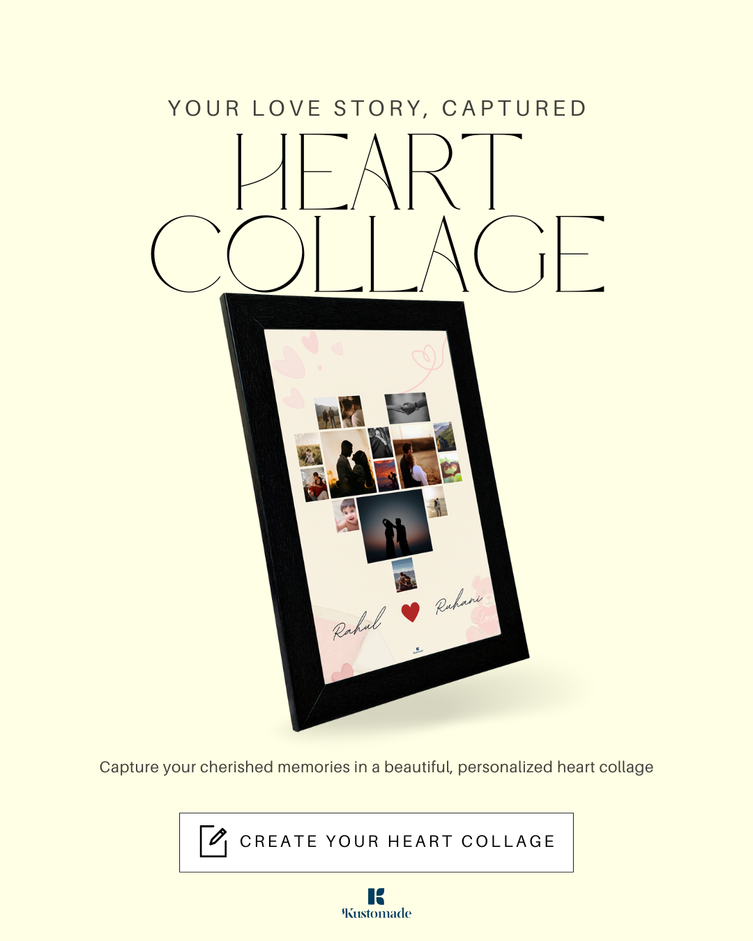 Heart collage product with framed photo collage on a beige background