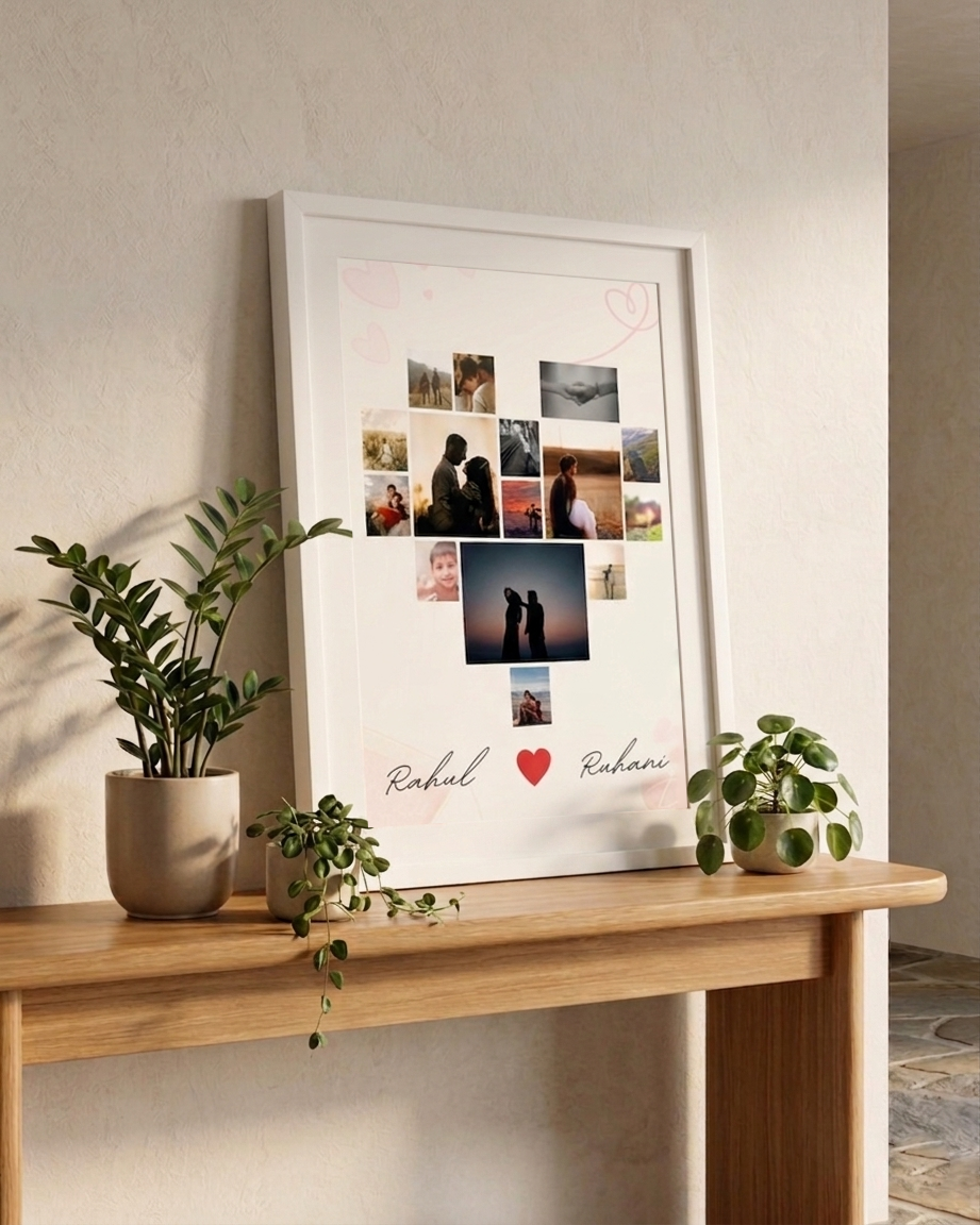 Framed collage of photos on a wall above a wooden table with plants.