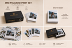 A promotional collage for a mini polaroid print set showing a black branded box, stacks and fanned-out polaroid photos, and text callouts on a warm beige background. The image explains what is included and highlights premium photo paper, vivid colors, and water resistance.