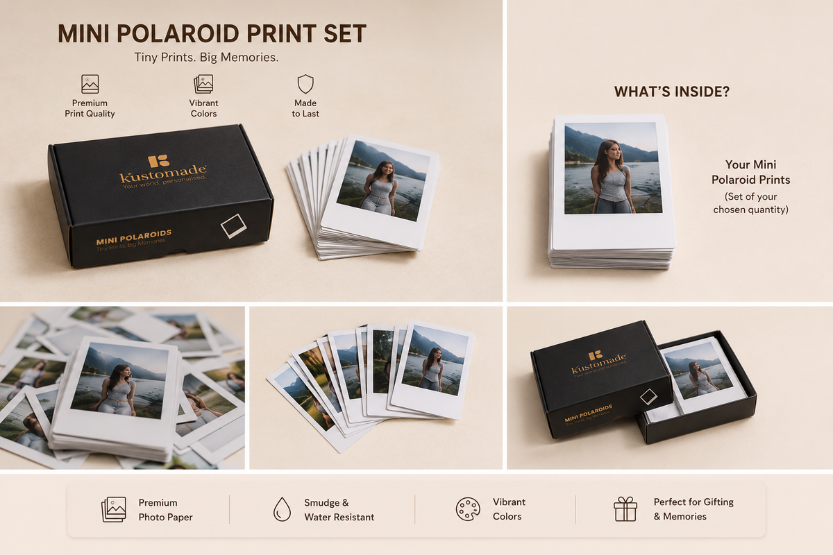 A promotional collage for a mini polaroid print set showing a black branded box, stacks and fanned-out polaroid photos, and text callouts on a warm beige background. The image explains what is included and highlights premium photo paper, vivid colors, and water resistance.