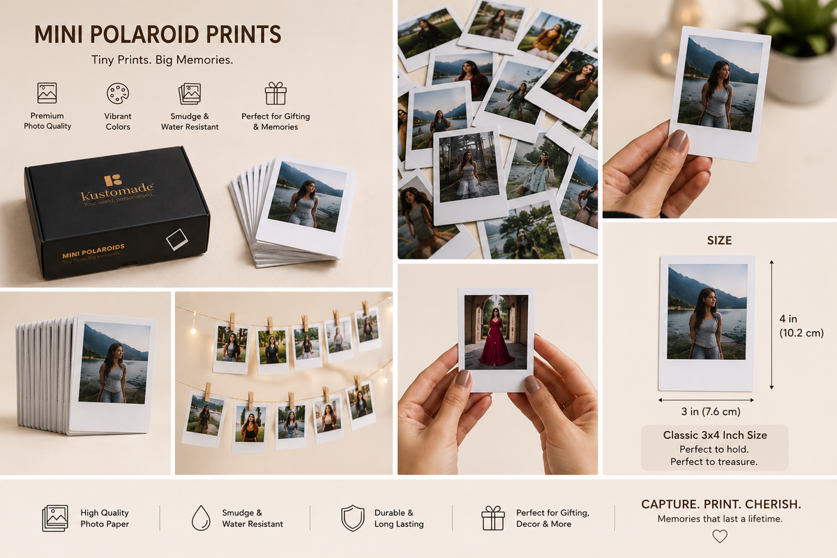 A collage-style product listing for mini polaroid prints. The layout shows a black branded box, stacks and fanned sheets of printed photos, hands holding several sample polaroid photos, and a size diagram indicating 3 x 4 inches.