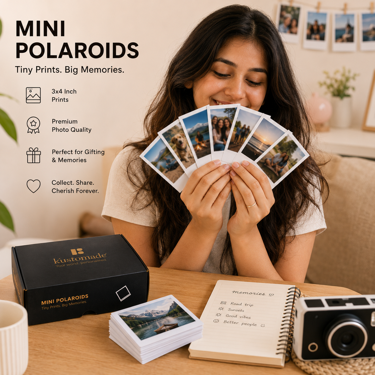 A cute girl holding multiple polaroid photographs in her hand and marketing Kustomade's mini Polaroid set