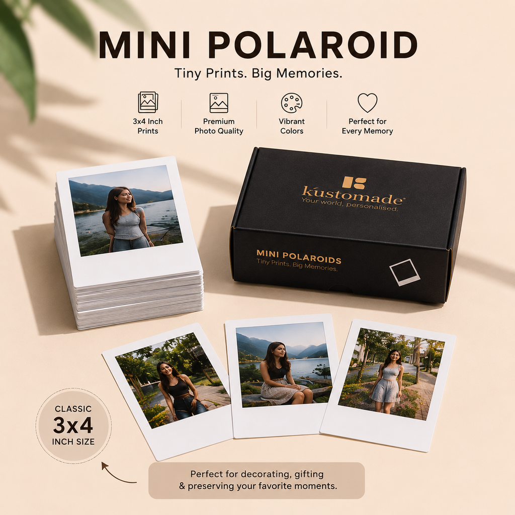 A stack of mini polaroid instant photographs and a black branded box labeled 'kustomade' on a warm beige background, with text reading 'MINI POLAROID' and feature icons above. The photos show a woman by a lake or path, but the sold product appears to be the mini polaroid prints and packaging.