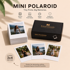 A stack of mini polaroid instant photographs and a black branded box labeled 'kustomade' on a warm beige background, with text reading 'MINI POLAROID' and feature icons above. The photos show a woman by a lake or path, but the sold product appears to be the mini polaroid prints and packaging.