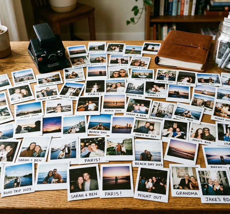 Collection of Polaroid photos and a camera on a wooden table, made by Kustomade, India