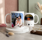 Two photo mugs on a surface with one featuring a couple and the other a vinyl record design.