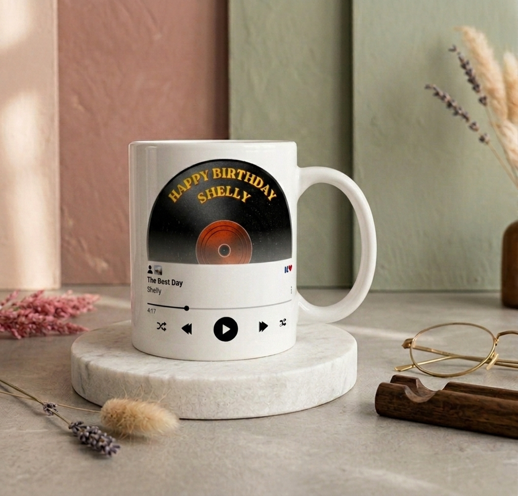 White mug with vinyl record design and 'Happy Birthday Shelly' text on a marble coaster.