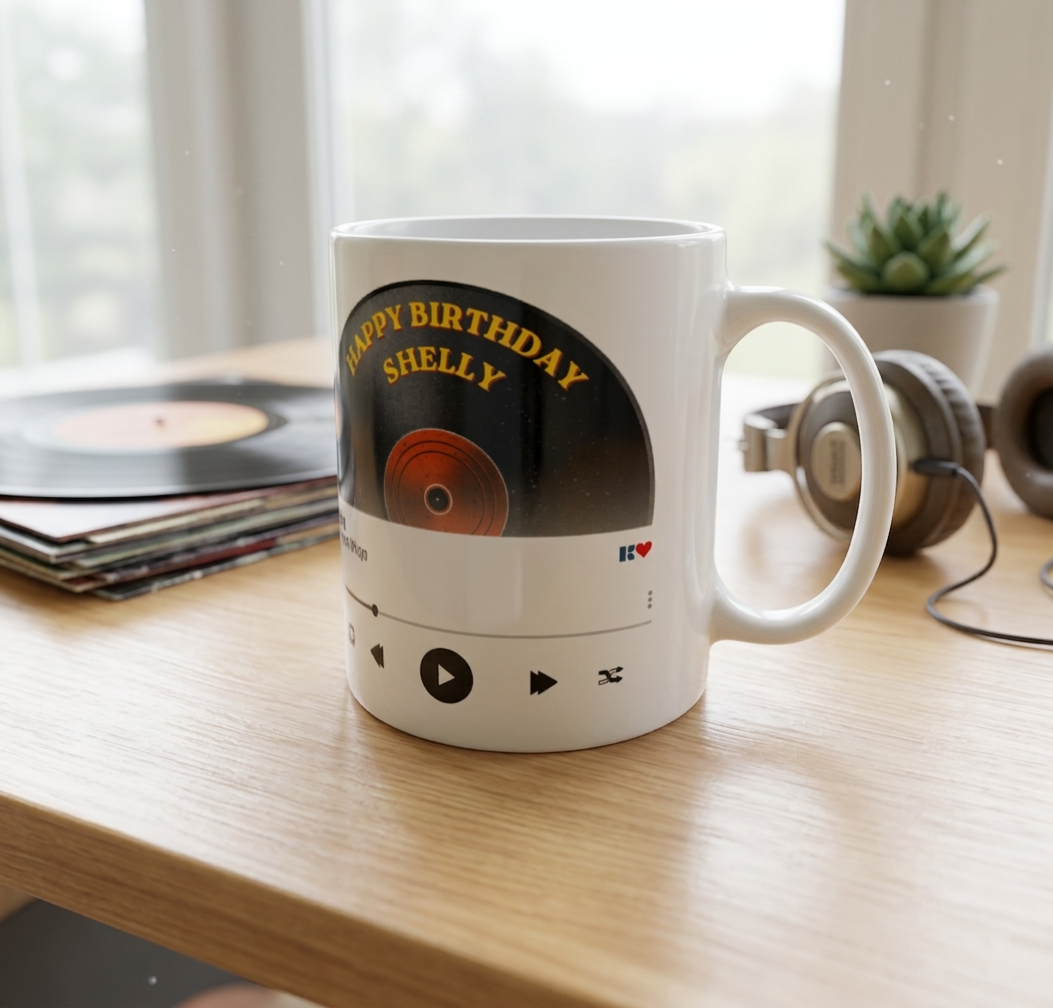White mug with vinyl record design and 'Happy Birthday Shelly' text on a wooden surface.