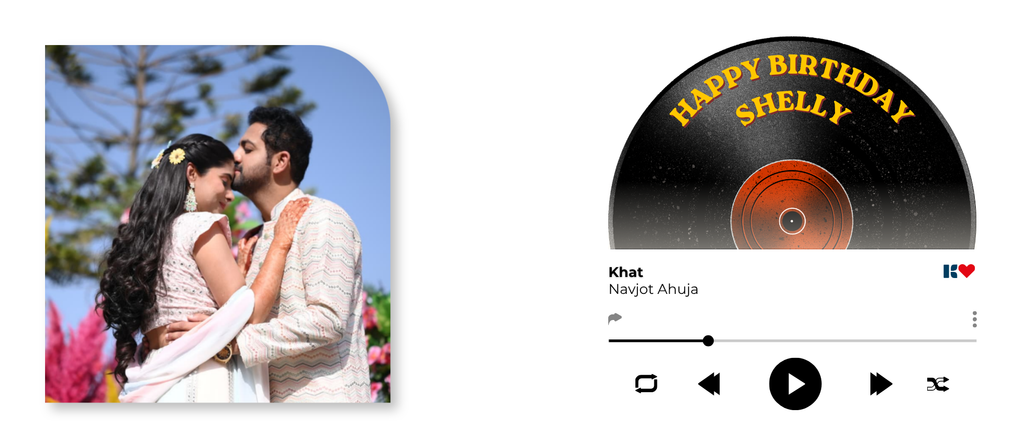Couple embracing with a vinyl record-shaped birthday card and music player interface.