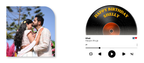 Couple embracing with a vinyl record-shaped birthday card and music player interface.