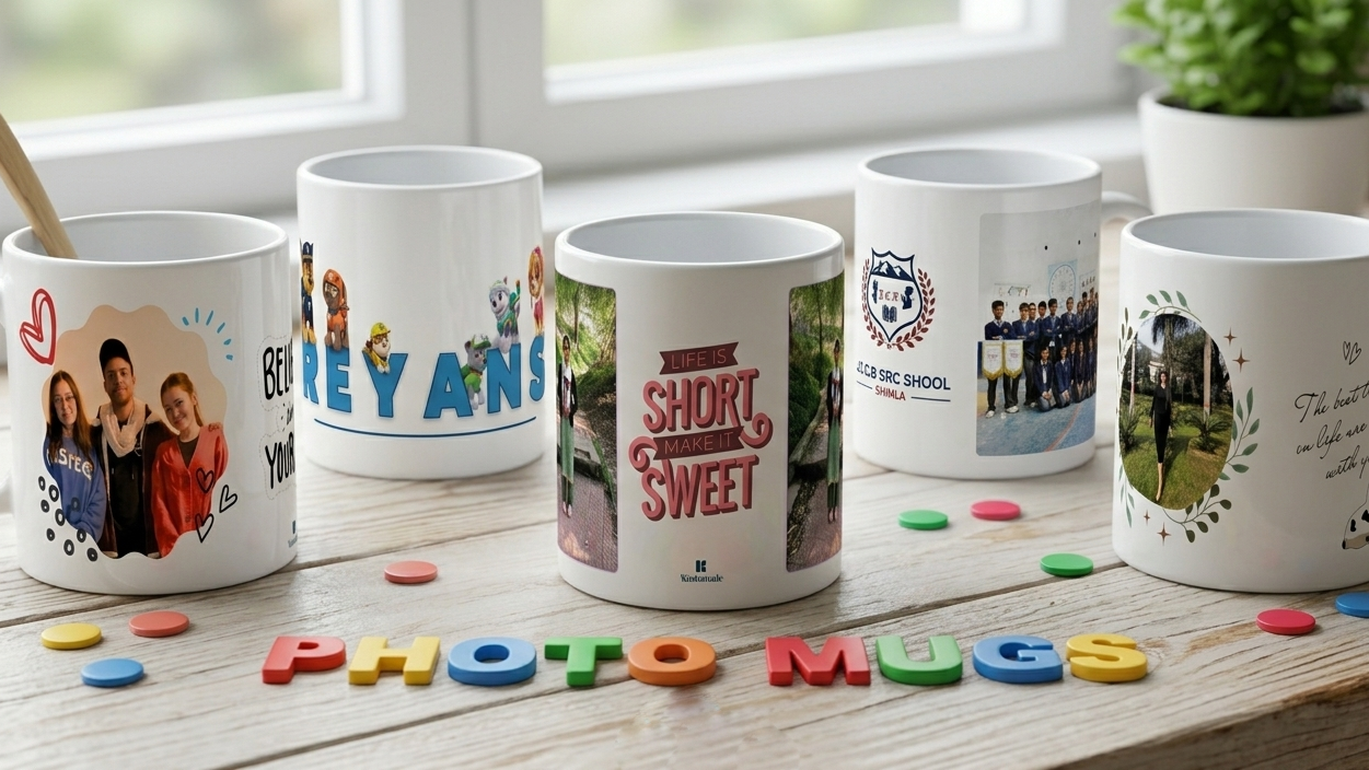 Set of personalized mugs with various designs kept on a wooden surface, made by Kustomade, India.