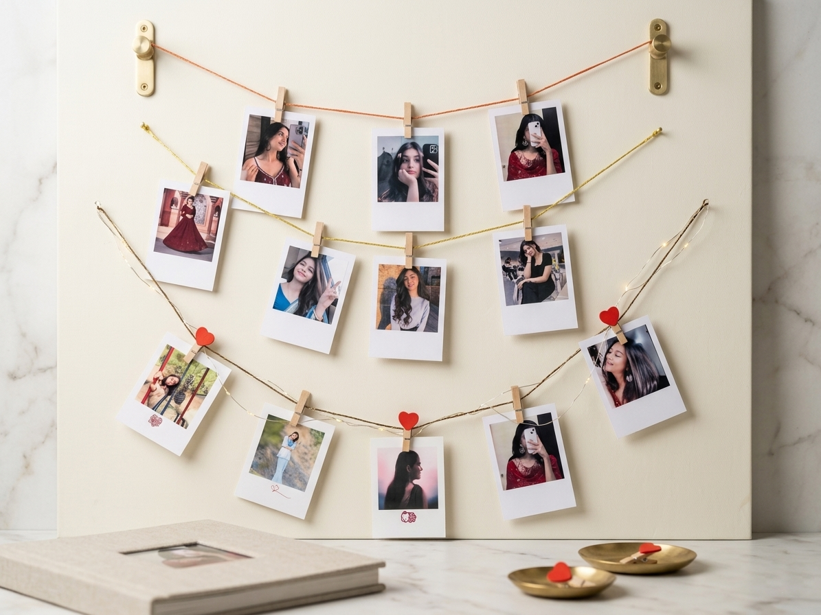 Polaroid photos hanging on a string with clothespins against a light wall.