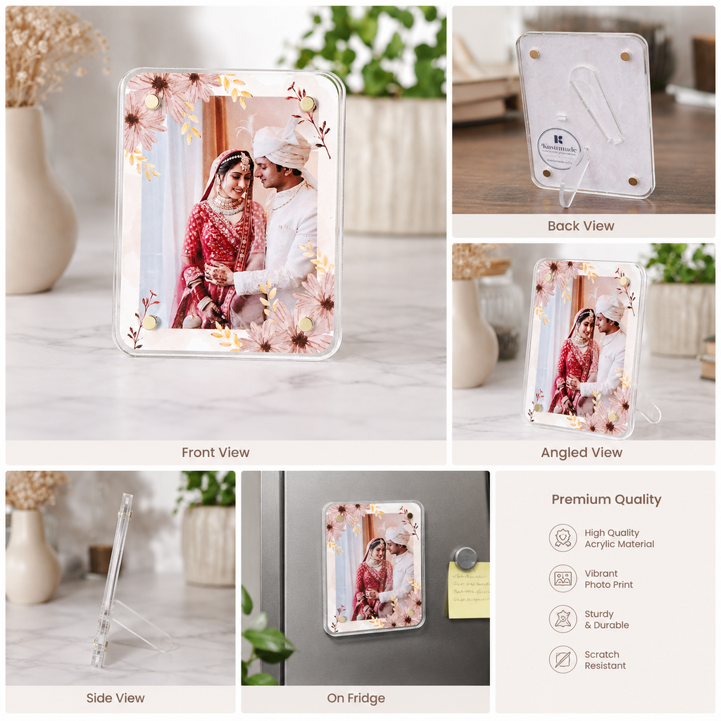 Collage of a acrylic photo frame fridge magnet with a couple's picture, showing front, back, and side views on a neutral background.