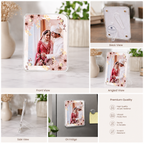 Collage of a acrylic photo frame fridge magnet with a couple's picture, showing front, back, and side views on a neutral background.